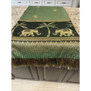 Vintage Green‎ with Elephants Wall Hanging Fringed Blanket 82x96 withFringe 5167